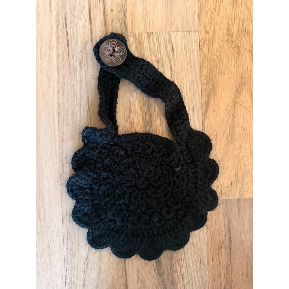 Handmade Black Crochet Hanging Towel Ring Holder w/ Floral Wooden Button Accent
